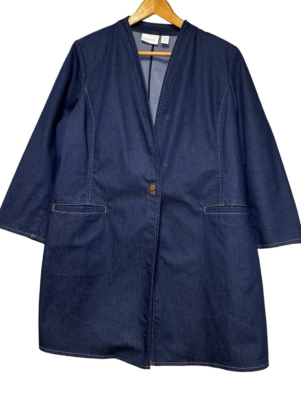 Chico's Denim Collarless Duster Jacket Large Longlined Oversized Trench Coat